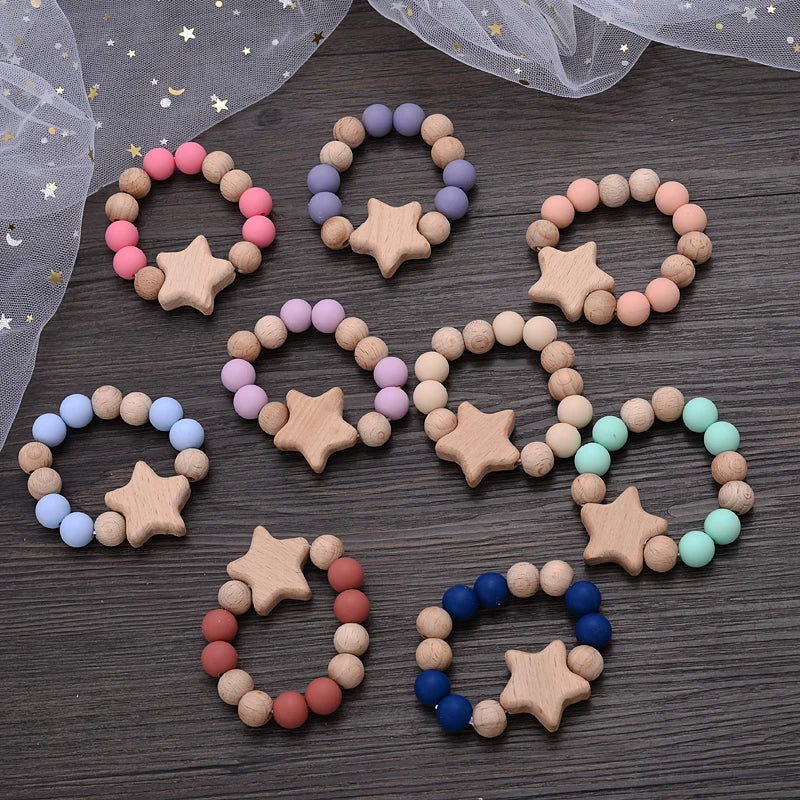 Baby Silicone Teether Pacifier Chain Bracelets Set Round Wooden Dummy Holder Clip For Baby Teething Nipple Chain Nursing Toys