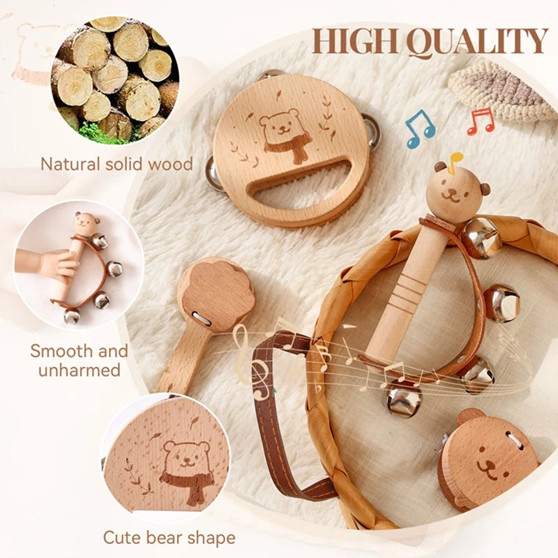 Wooden Baby Montessori Rattle Toy Animal Bear Shape Hand Bell Toy BPA Free Rodent Teething Necklace Food Grade Baby Chewable Toy