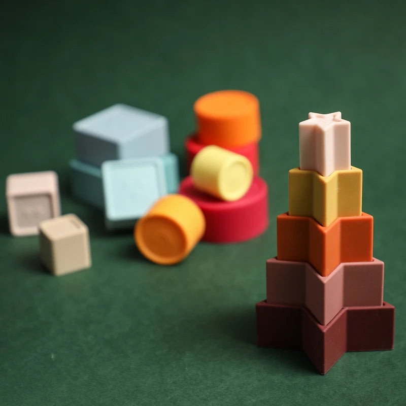 Baby Toy Soft Building Blocks Silicone Stacking Blocks Round Shape Silicone Construction Toy Rubber Teethers Montessori Toy Gift