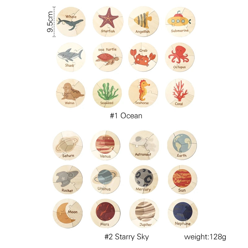Wooden Puzzle Toy Children Cartoon Ocean Animal Planets Shape Puzzle Learning EducationToys Color Shape Cognitive Training Gift