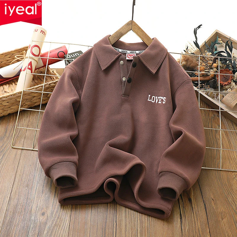 IYEAL 4-14 Years Children Autumn Winter Plus Velvet Pullover Tops Kid Boys Girls Polar Fleece Turndown Collar Sweatshirts