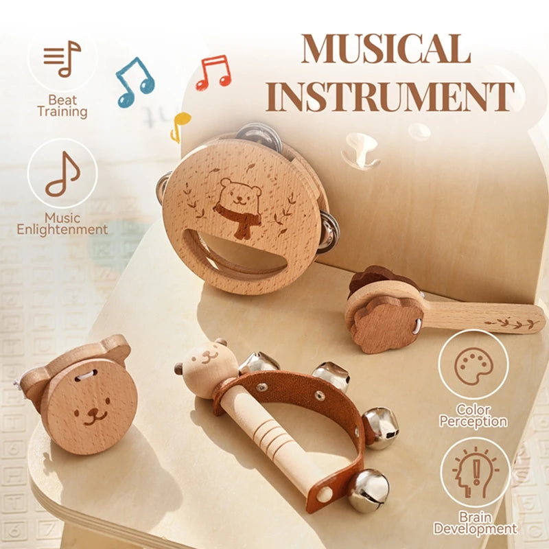 Wooden Baby Montessori Rattle Toy Animal Bear Shape Hand Bell Toy BPA Free Rodent Teething Necklace Food Grade Baby Chewable Toy