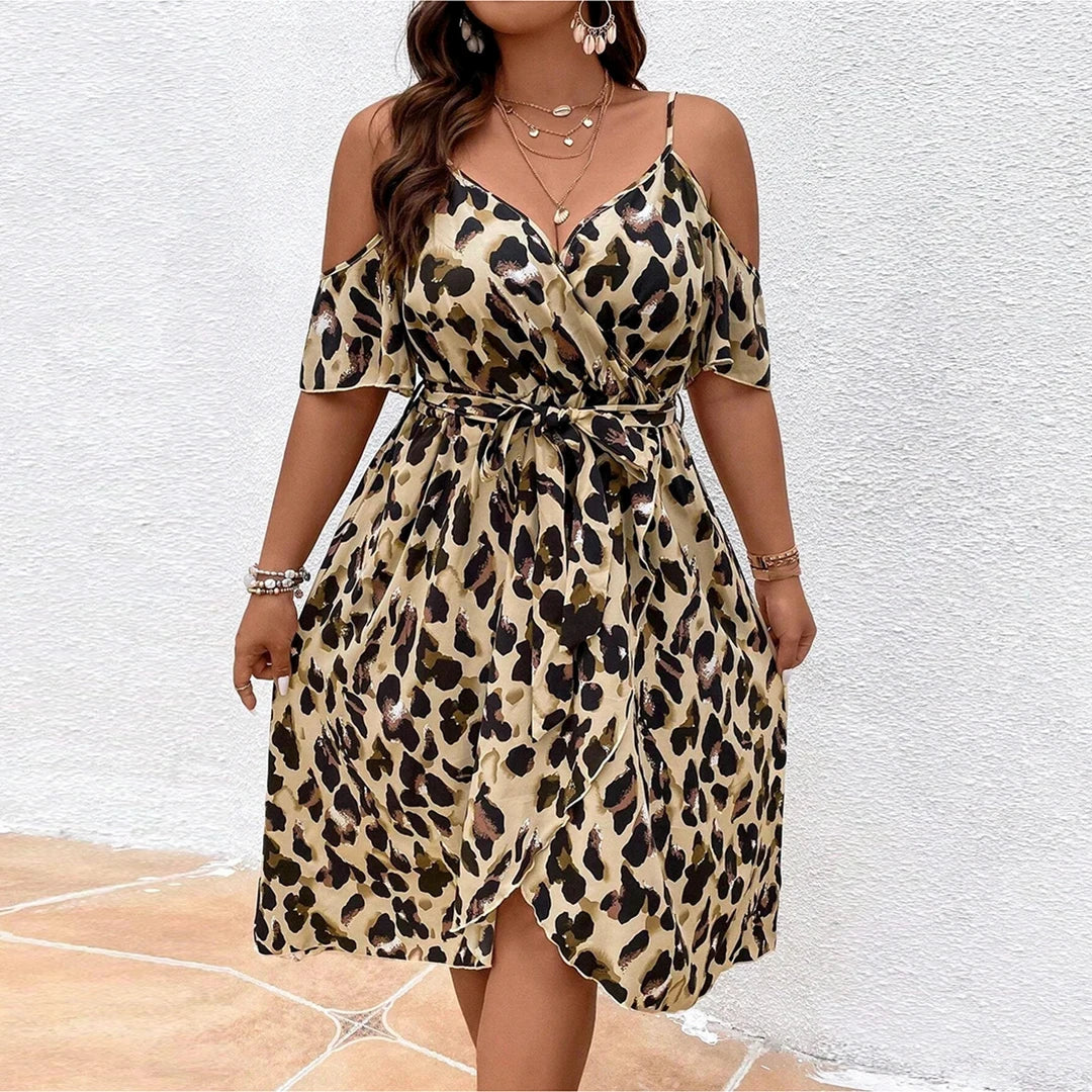 Plus Size Leopard Print V-Neck Dress