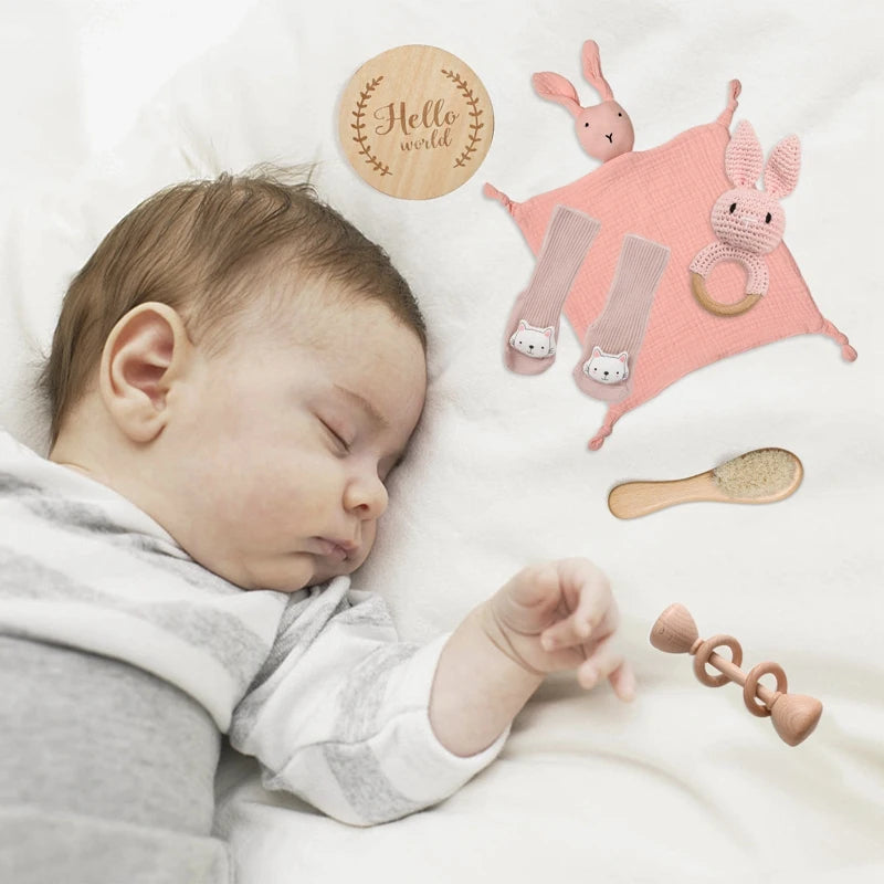 Baby Cotton Blanket Newborn Bath Set Gifts Box Wooden Ring Crochet Rabbit Rattle Brushs Bracelet Towel For Baby Shower Gift