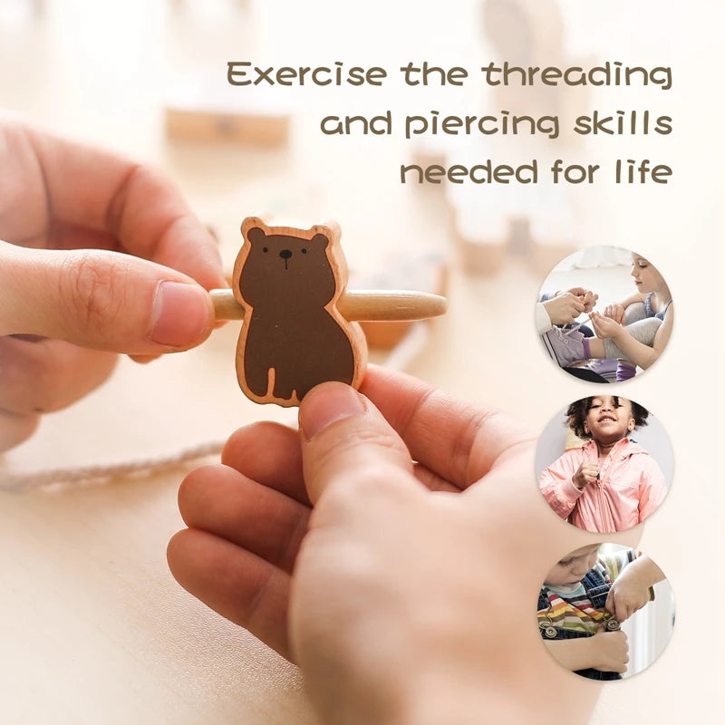 1Pcs Baby Wooden Animal Threading Toys Montessori Zoo Theme Stacking Blocks Puzzle Infant Animal Stringing Threading Toys Gifts