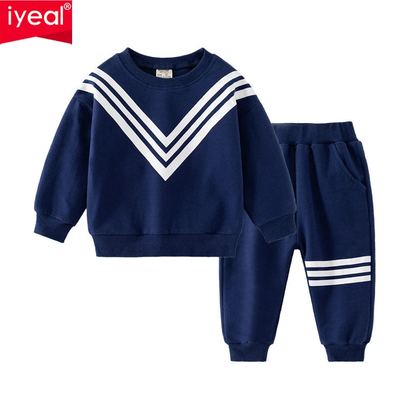 IYEAL Autumn 2023 New Boys' V-shaped Pattern Long Sleeve Set Casual Navy blue Grey Round Neck Sweatshirt Two Piece Set