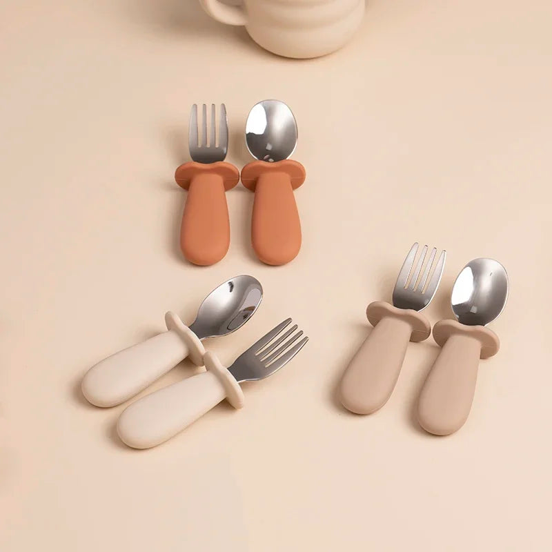 2pcs/Set Baby Tableware Children Utensil Stainless Steel Food Feeding Spoon Fork Set Infant Toddler Silicone Dinnerware Cutlery