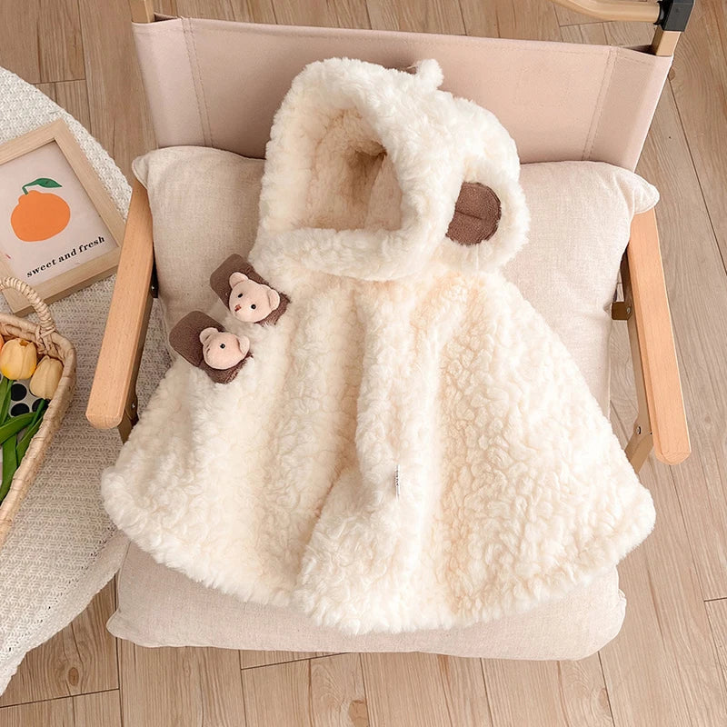 IYEAL Winter Baby Cute Cloak New Baby Clothing Baby Thickened Cloak Winter Cartoon Hooded Ears Warm Plus Fleece Coat
