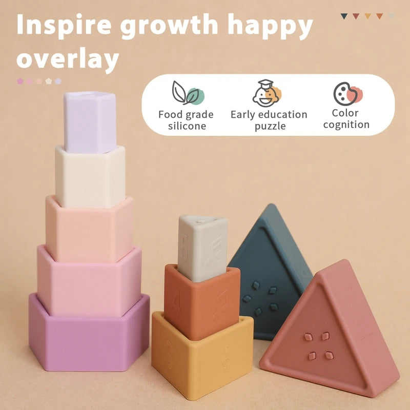 1Set Silicone Stacking Toys Building Block BPA Free Baby Silicone Teether Soft Block Folding Educational Game Toys