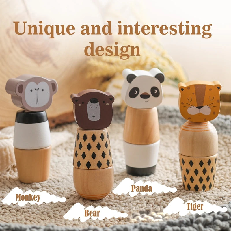 Wooden Montessori Toys Creative Cartoon Animal Bear Shaped Knob Screw Rattles Block Toys Kid Early Educational Puzzle Toys Gifts