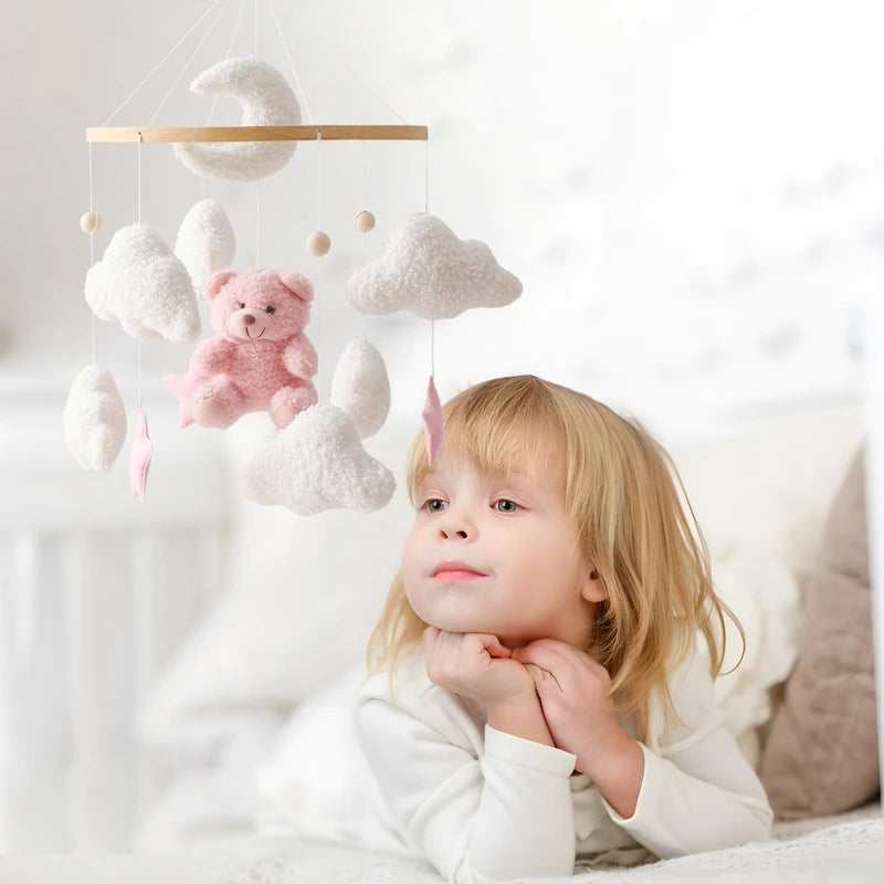 Crib Mobile Wooden Bed Bell Soft Felt Cartoon Rabbit Mobile Hanging Rattles Toys Newborn Music Box Bed Bell Hanging Bracket Toys