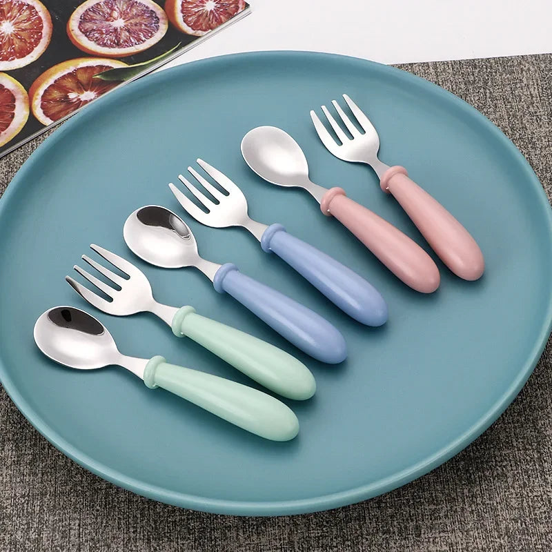 Infant Food Feeding Spoon Fork Baby Gadgets Tableware Set Utensil Stainless Steel Toddler Dinnerware Cutlery детская посуда