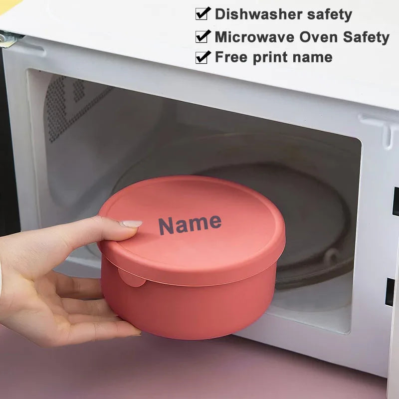 Personalized Name Silicone Food Storage Box Round Lunch Bento Box Portable Leak Proof Picnic Food Box Seal Fruit Salad Container