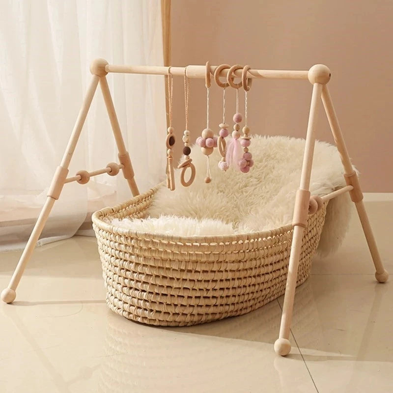 1set Baby Play Gym Wood Bed Bell Clouds Crochet Star Pendant Teething Nursing Stroller Hanging Play Gym 0-12 Months Baby Rattle