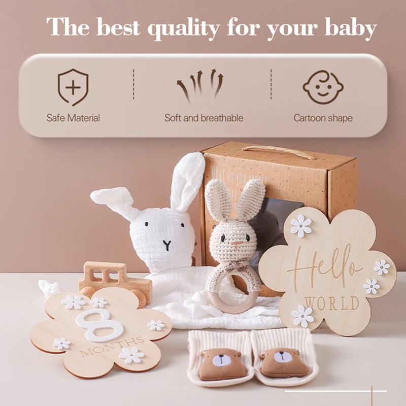 Baby Cotton Blanket Bath Stuff Towel Brush Set Gifts Box Wooden Crochet Bunny Rattle Brushs Bracelet Towel For Baby Shower Gift