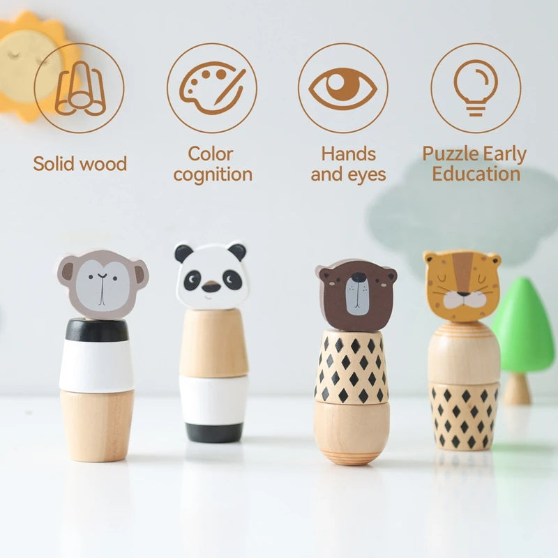 Wooden Montessori Toys Creative Cartoon Animal Bear Shaped Knob Screw Rattles Block Toys Kid Early Educational Puzzle Toys Gifts