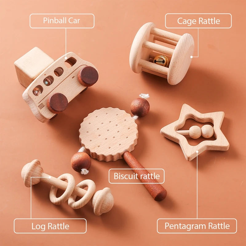 Baby Wooden Rattle Toys Beech Blocks Cartoon Car Rattle Toy Kid Hand Bell Educational Montessori Teething Play Gym Baby Toy Gift