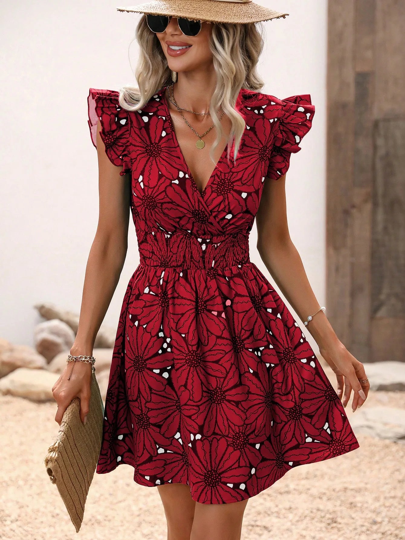 Flower Print V-Neck A-Line Dress