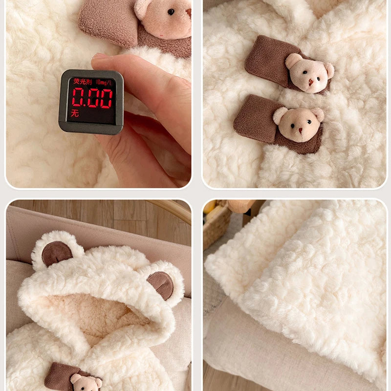 IYEAL Winter Baby Cute Cloak New Baby Clothing Baby Thickened Cloak Winter Cartoon Hooded Ears Warm Plus Fleece Coat