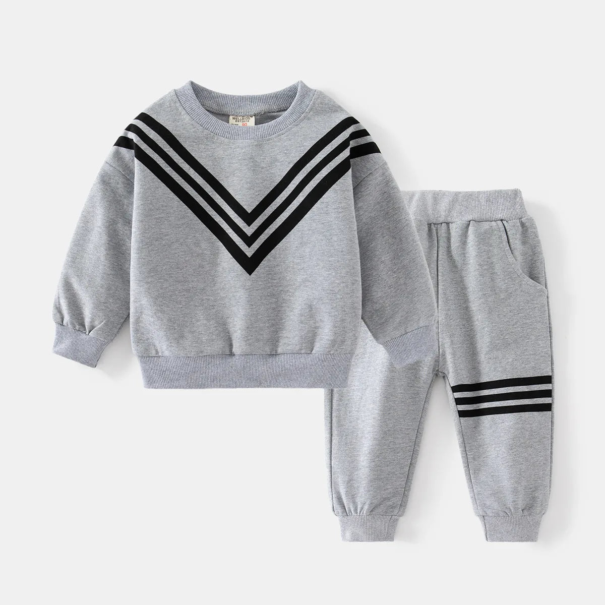 IYEAL Autumn 2023 New Boys' V-shaped Pattern Long Sleeve Set Casual Navy blue Grey Round Neck Sweatshirt Two Piece Set