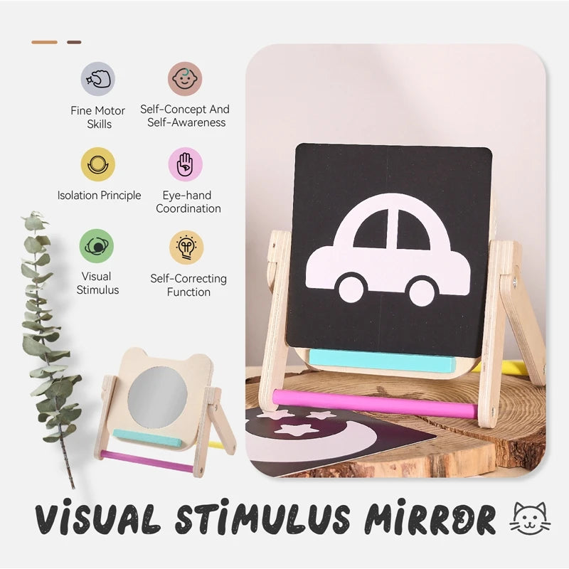 Montessori Mirror Puzzle Busy Board Wooden Toys Kid Black White Vision Trigger Card Activity Early Educational Sensory Toy Gifts