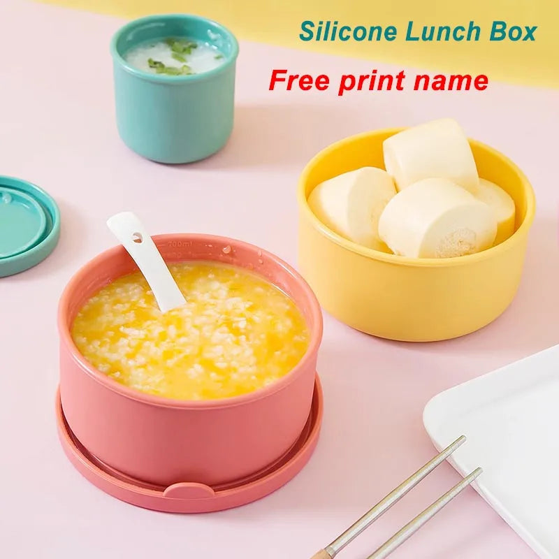 Personalized Name Silicone Food Storage Box Round Lunch Bento Box Portable Leak Proof Picnic Food Box Seal Fruit Salad Container