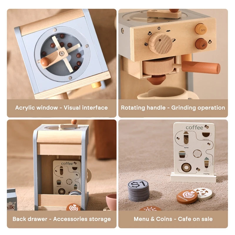 Kids Kitchen Toy Set Wooden Coffee Maker Set Simulation Cookie Maker Kit Pretend Play Educational Toy Block Educational Toy Gift