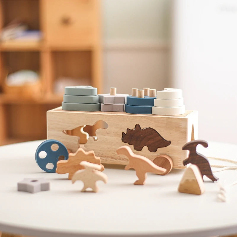 Kids Wooden Dinosaur Intelligence Car Toys Baby Stacking Multifunctional Shape Cognitive Toy Baby Montessori Education Toys Gift