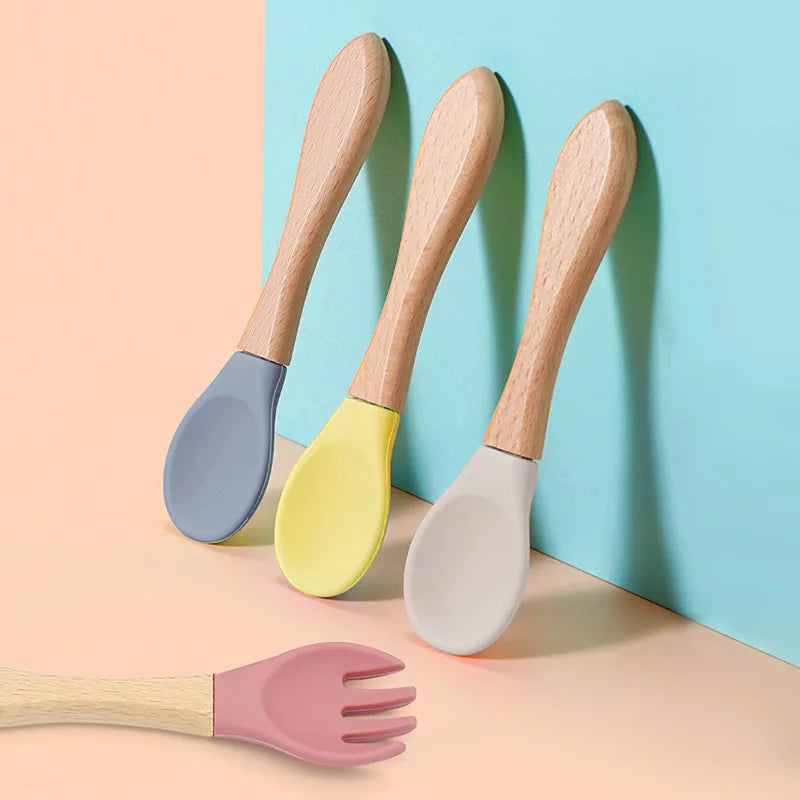 Custom Name Personalized Baby Bamboo Fork Silicone Wooden Feeding Spoon Toddlers Infant Feeding Accessories Organic BPA Free