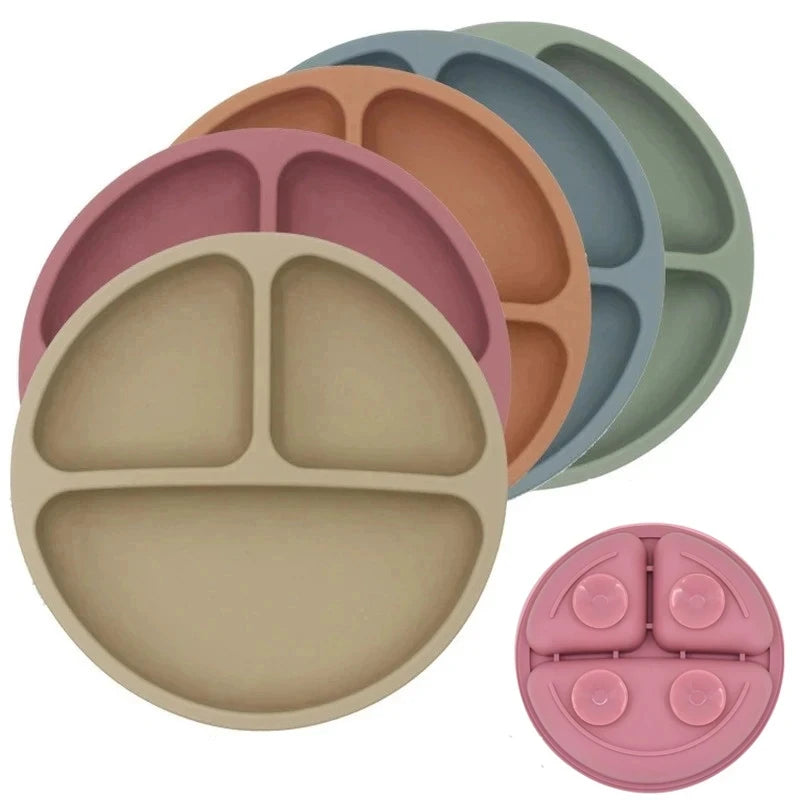 3Pcs Baby Safe Silicone Suction Dining Plate Learning Spoons Set Feeding Toddler Training Tableware Retro Kids Smile Face Plate