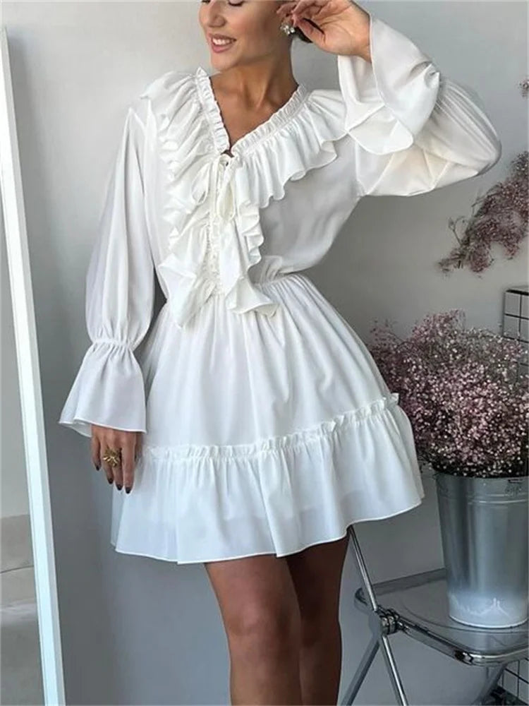 Tossy Ruffled V-Neck White Mini Dress Female
