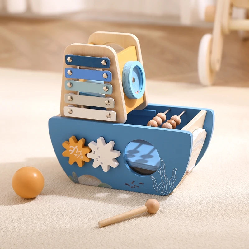Wooden Ocean Sailboat 5-in-1 Toy Set Castle Stacking Multifunctional Shape Cognitive Toy Baby Montessori Education Toys Kid Gift