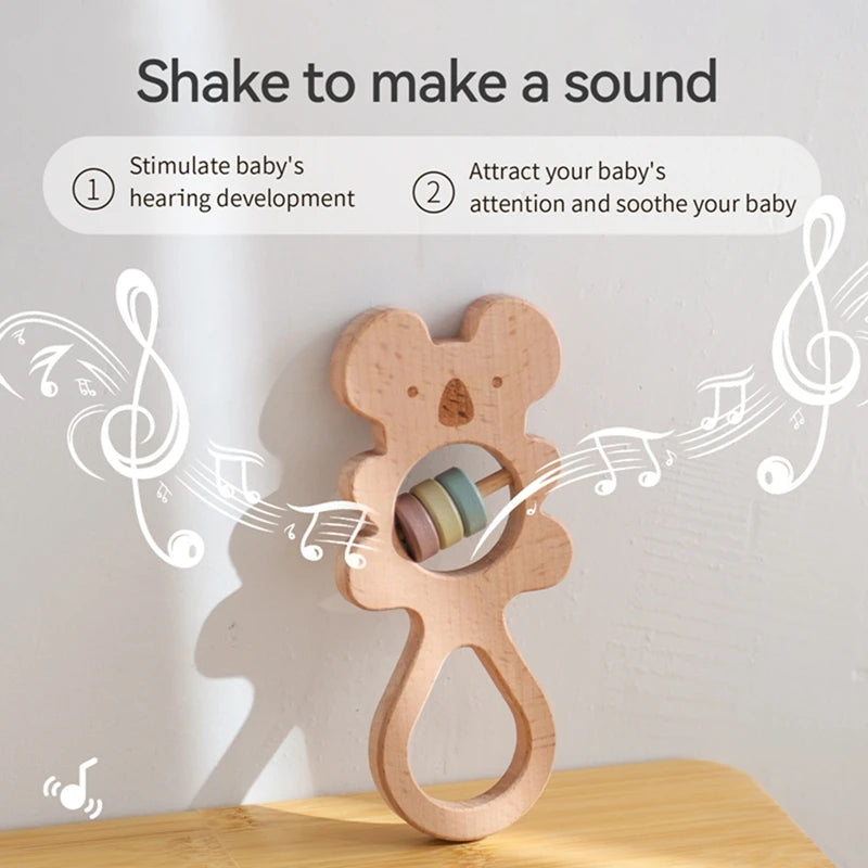 1PC Wooden Rattle Teether Beech Koala Elephant Handbells Rattles BPA Free Rodents Teething Necklace Food Grade Baby Chewable Toy