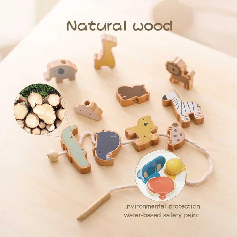 1Pcs Baby Wooden Animal Threading Toys Montessori Zoo Theme Stacking Blocks Puzzle Infant Animal Stringing Threading Toys Gifts