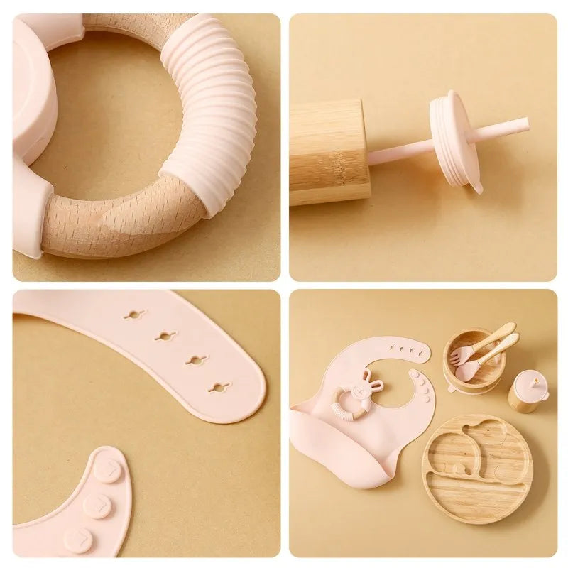 Wooden Dinner Plate Feeding Supplies Bamboo Baby Tableware Silicone Suction Plate Bowl BPA Free Baby Stuff Newborn Accessories