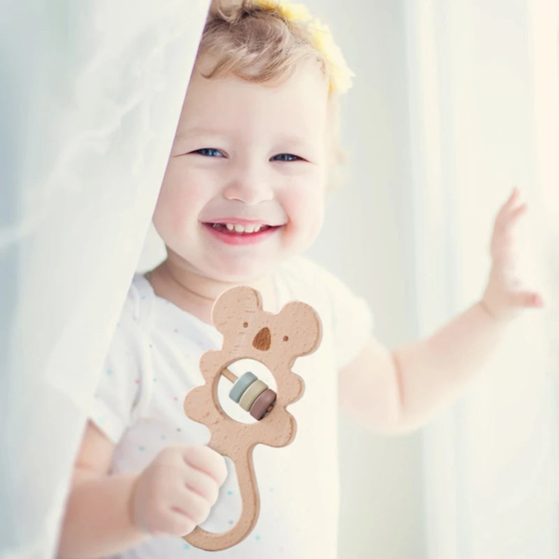 1PC Wooden Rattle Teether Beech Koala Elephant Handbells Rattles BPA Free Rodents Teething Necklace Food Grade Baby Chewable Toy
