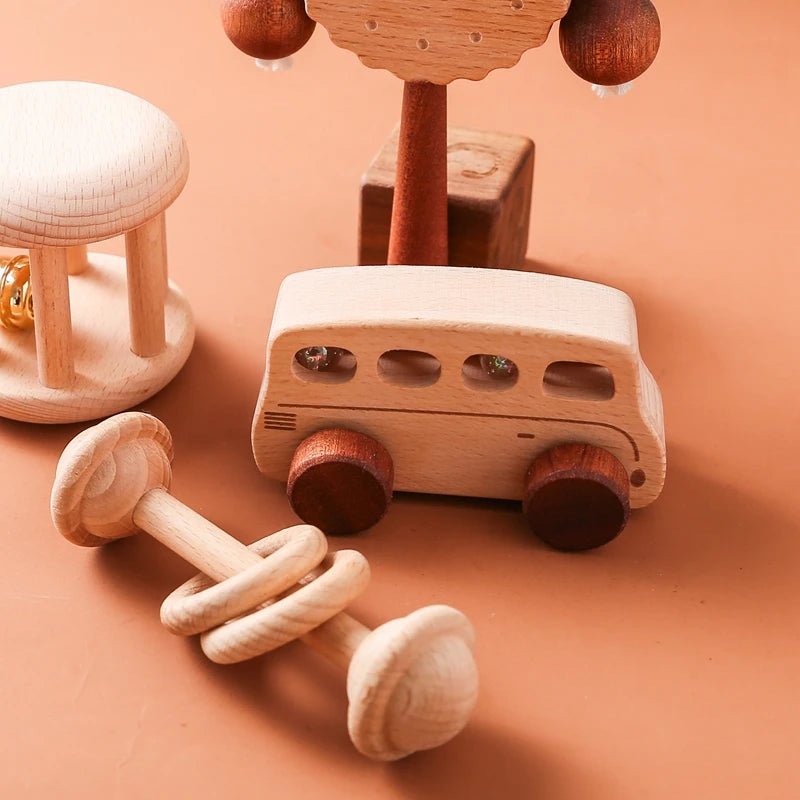 Baby Wooden Rattle Toys Beech Blocks Cartoon Car Rattle Toy Kid Hand Bell Educational Montessori Teething Play Gym Baby Toy Gift