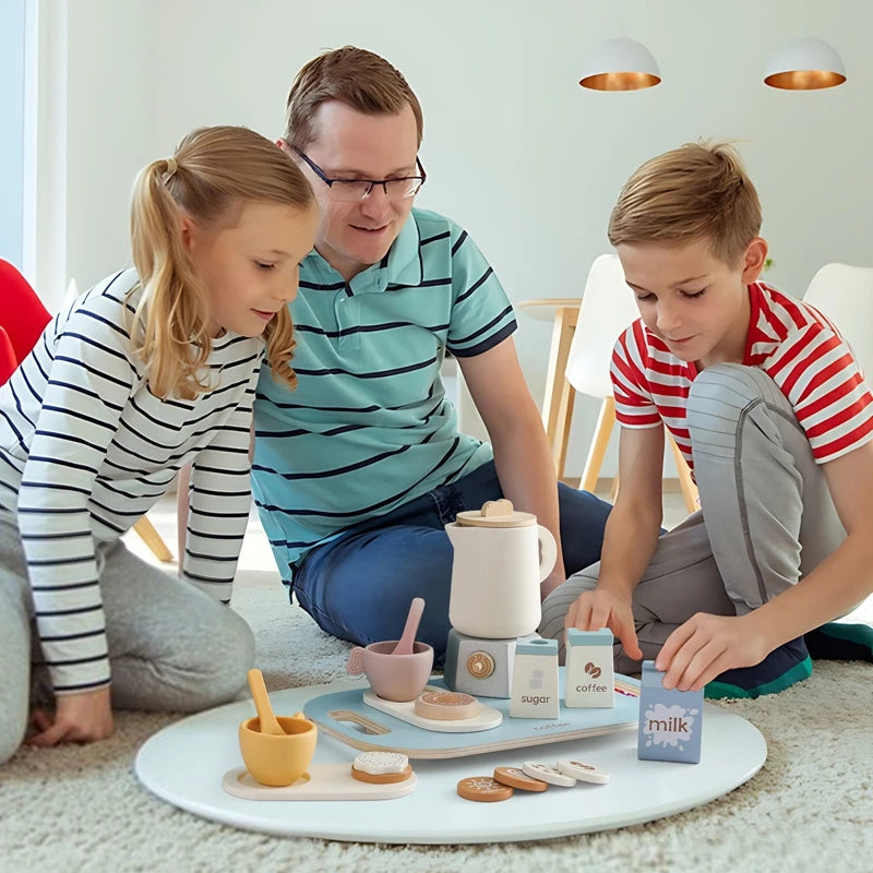 Wooden Coffee Afternoon Tea Set Toy Kid Pretend Kitchen Teapot Teacup BPA Free Silicone Role Play Game Early Montessori Toy Gift