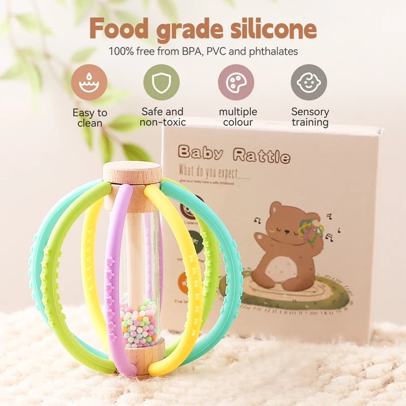 Baby Rattle Toy Wood Teether Bed Bell Silicone Montessori Ball Baby Sensory Touch Toy Kid Dental Care Gum Hand Molar Stick Gift