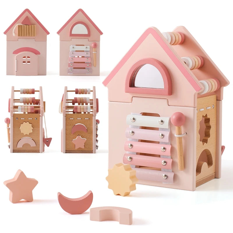 Baby Montessorri Toys Wooden Five-in-one Pink House Blocks Toy Xylophone Multifunctional Busy Toy Geometric Educational Toy Gift