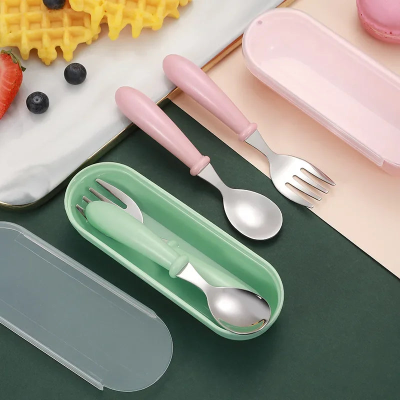 Infant Food Feeding Spoon Fork Baby Gadgets Tableware Set Utensil Stainless Steel Toddler Dinnerware Cutlery детская посуда
