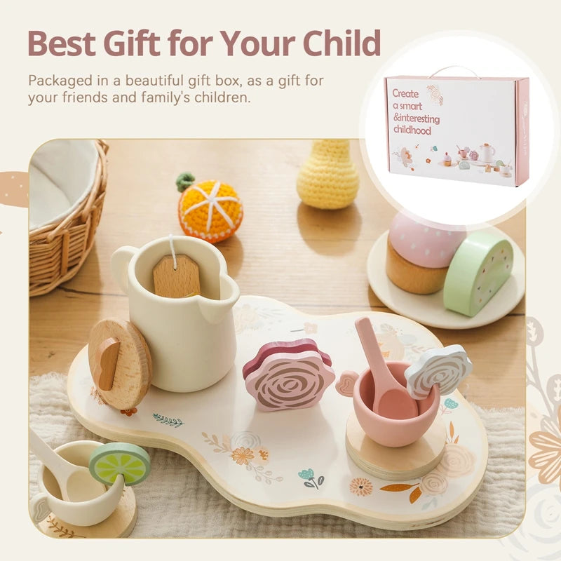Kid Wooden Afternoon Tea Set Toys Pretend Playing House Role Simulation Kitchen Play Game Early Educational Toys Girls Boys Gift