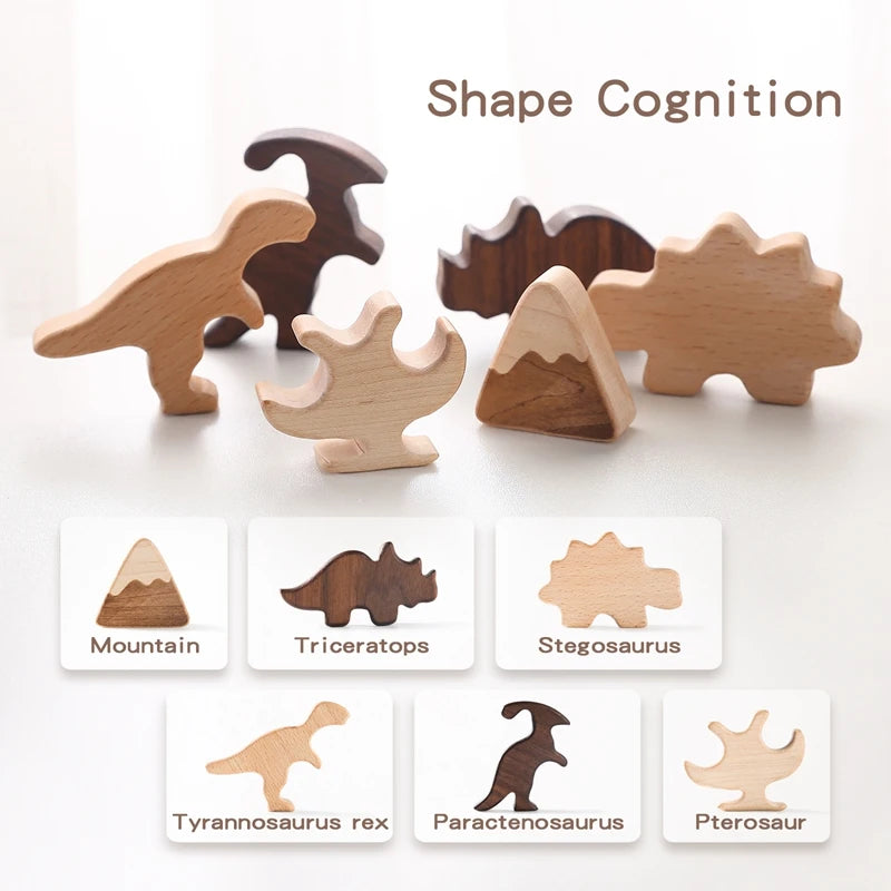 Montessori Wooden Puzzle Toy 3D Dinosaur Stacking Blocks Geometric Baby Educational Toys Learning Diverse Shape Building Blocks