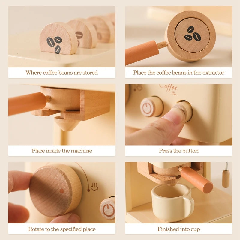 Baby Wooden Coffee Maker Toys Set Kids Early Education Encourages Imaginative Playset Infant Pretend Play House Accessories Gift