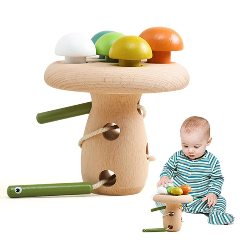 Montessori Wooden Lacing Toy for Kids DIY Mushroom 3D Threading Toys Fine Motor Skill Preschool Stringing Toys For Kid Baby Gift
