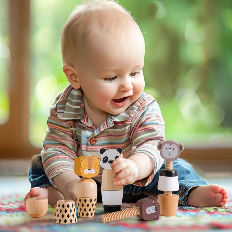 Wooden Montessori Toys Creative Cartoon Animal Bear Shaped Knob Screw Rattles Block Toys Kid Early Educational Puzzle Toys Gifts