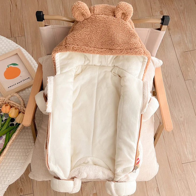 IYEAL New Autumn and Winter Cute Little Bear Hooded Warm Fleece Cotton Long-sleeve Jumpsuit for Baby Boy and Girls Baby Clothes