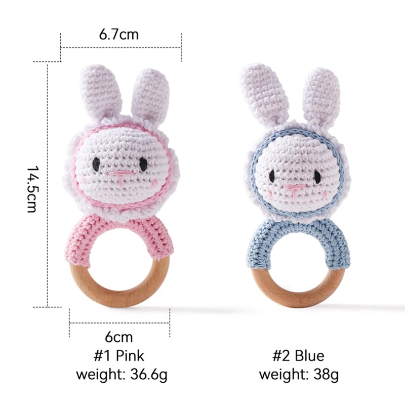 Wooden Baby Rattle Toys Wooden Teether Music Ring Crochet Rabbit Music Rattles Soother Bracelet for Toddler Baby Teething Gifts