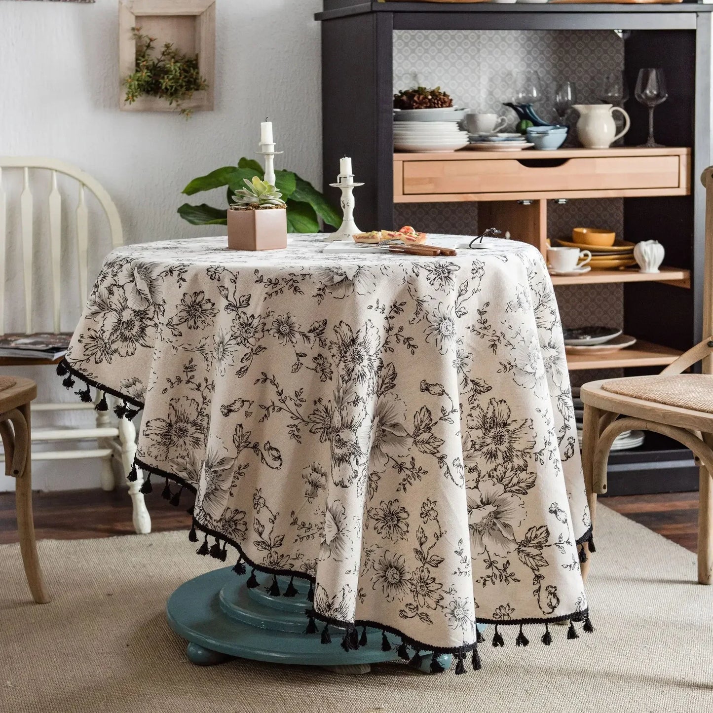 Floral Linen Cotton Tablecloth With Tassel retro nappe de table Table Cover round Dining Table Cover Tea Cloth Desktop decoratio