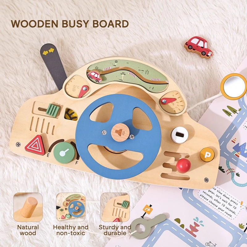 Baby Wooden Montessori Toys Steering Wheel Busy Board Wooden Sensory Toys for Toddlers Preschool Travel Learning Activities Gift